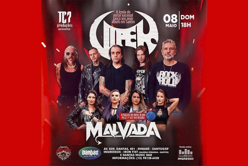 VIPER: SHOW EM SANTOS NO DOMINGO COM ABERTURA DA MALVADA